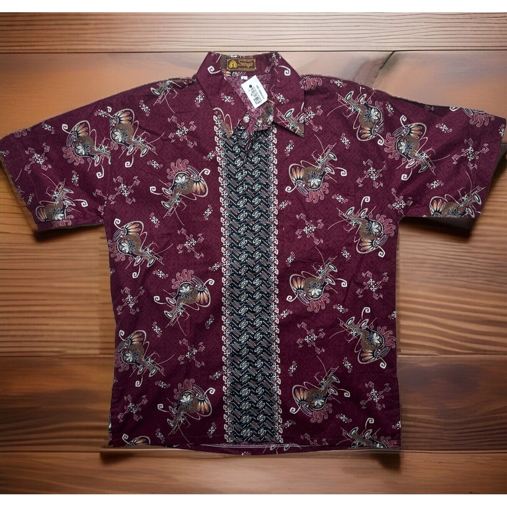 NEW Surya Batik Halus Short Sleeve Floral Shirt Maroon Red Men's Large Hawaiian